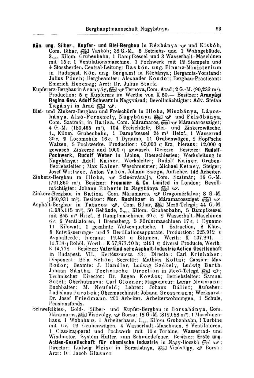 Berghauptmannschaft Nagybánya. 54 Kön. ung. Silber-, Kupfer- und Blei-Bergbau in Rézbánya KP und Kiskóh, Com. Bihar, g&ü Vaskóh; 32 G.-M., 5 Betriebs- und 1 Wohngebäude. 3., 00 Kilom.