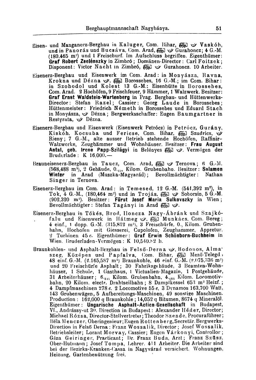 Berghauptmannschaft Nagybánya. 51 Eisen- und Manganerz-Berghau in Kaluger, Com. Bihar, Vaskóh, und in Panorás und Bucsáva, Com. Arad, {ggd Gurahoncz; 4 G.-M. (180,465 m 2 ) und l Freischurf.