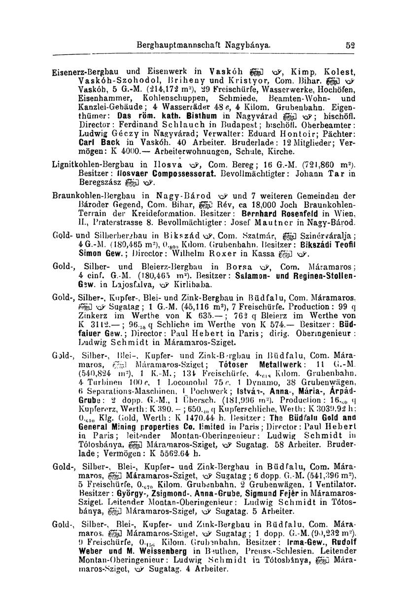 Berghauptmannschaft Nagybánya. 52 Eisenerz-Bergbau und Eisenwerk in Vaskóh jg&d Kimp, Kölest, Vaskóh-Szohodol, Briheny und Kristyor, Com. Bihar, kp Vaskóh, 5 G.-M.