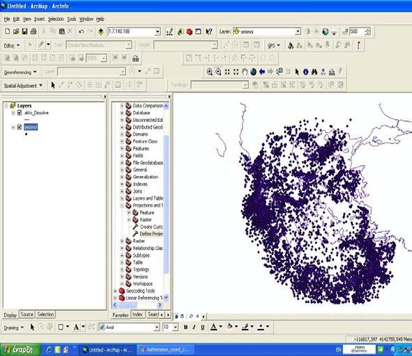 3 Most összehasonlítjuk a feltételezéseinket a valós adatokkal az ArcGIS segítségével. Távolítsuk el a sat_pedagogue.tif réteget a képernyőről és adjuk hozzá a következő réteget: SEISMOI.