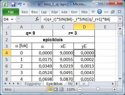 Paraméteresen adott XY diagramok készítése Példánk: epiciklois *Ha egy nagyobb q sugarú körön a síkban végiggördítünk egy kisebb r sugarú kört, akkor a kisebbik kör egy megfigyelt pontjának a pályája