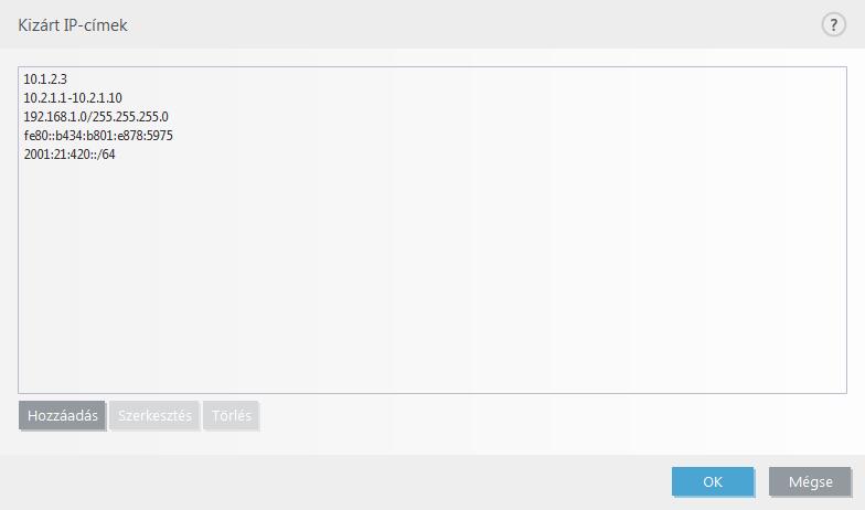 4.2.3.3 Kizárt IP-címek A listában szereplő címeken nem végez protokollszűrést a rendszer.
