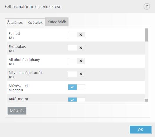 4.4.1.1 Kategóriák Az egyes kategóriák mellett látható jelölőnégyzet bejelölésével engedélyezheti az adott kategóriát.