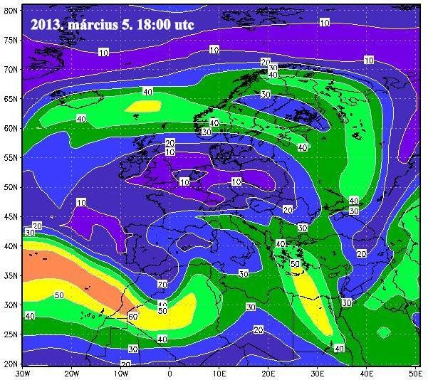 ábrán a fent bemutatott időpontra készült reanalízis adatok alapján ábrázoltuk a 300hPa nyomási szint szélsebességi