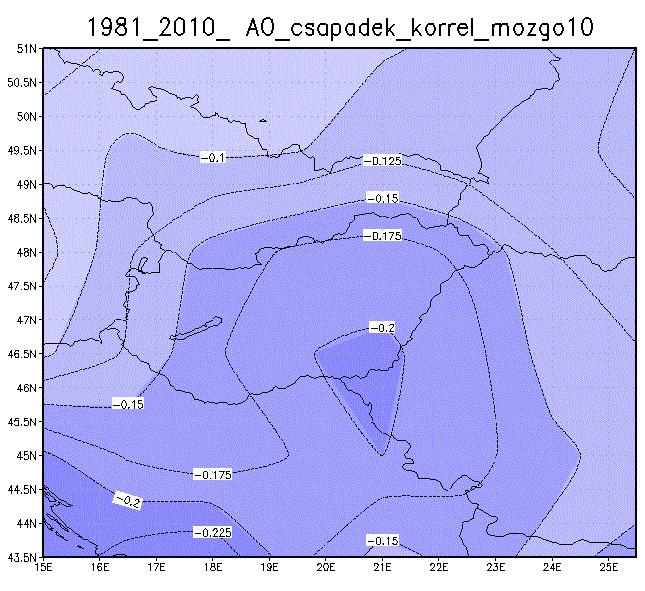 ábra: A korrelációs együttható területi eloszlása a Kárpát-medencében az AO és a 850 hpa-os szint relatív nedvessége (bal oldal) és a napi csapadékösszegek (jobb oldal) esetében az