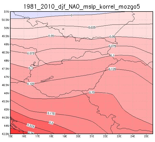 19. ábra: A tengerszintre átszámított légnyomás és a NAO index évszakos korrelációs együtthatóinak területi eloszlása a Kárpát-medencében az 1981-2010 közötti idősorok alapján A tengerszintre