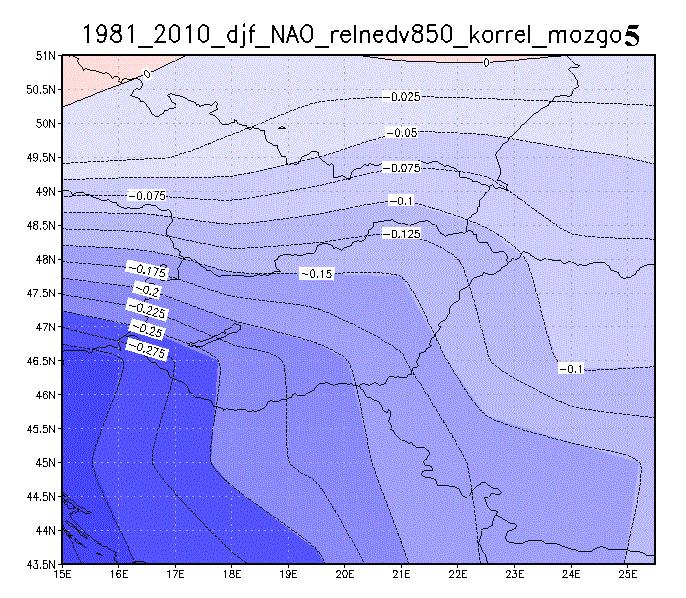 24. ábra: 850 hpa szint relatív nedvessége és a NAO index téli évszakra vonatkozó korrelációs együtthatóinak területi