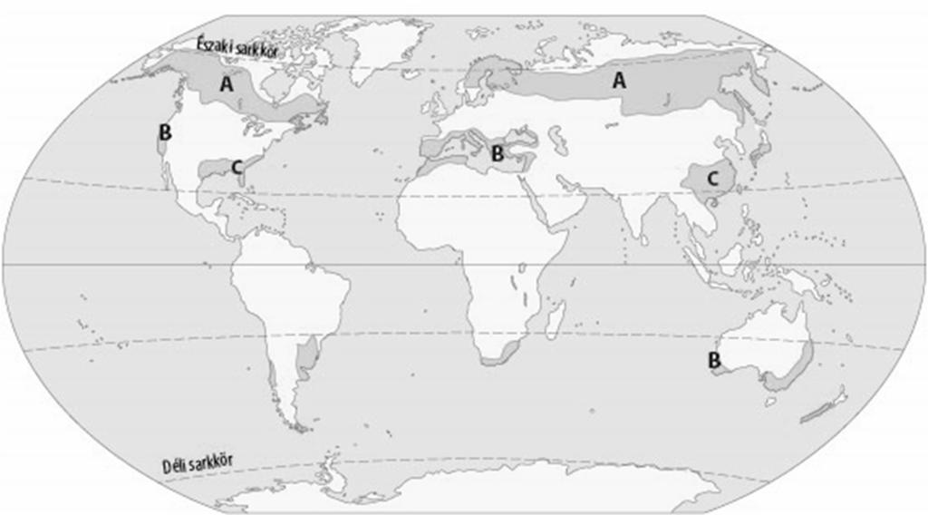 7. Solve the problems after examining the sketch map of the system of geographical zones. The same letters in the map label regions of identical climates.