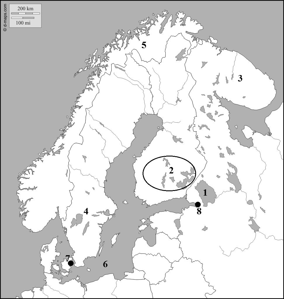 3. Name the geographical terms labelled by numbers in the sketch map. 1.... Lake 2.... (region) 3.... (country) 4.... (country) 5.