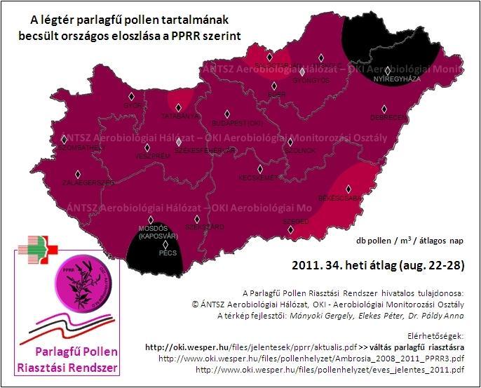 Airborne ragweed pollen concentrations, estimated national distribution (PPRR Ragweed Pollen Alert System) pollen count per m³ per average day weekly average for week 34, 2011 (Aug.