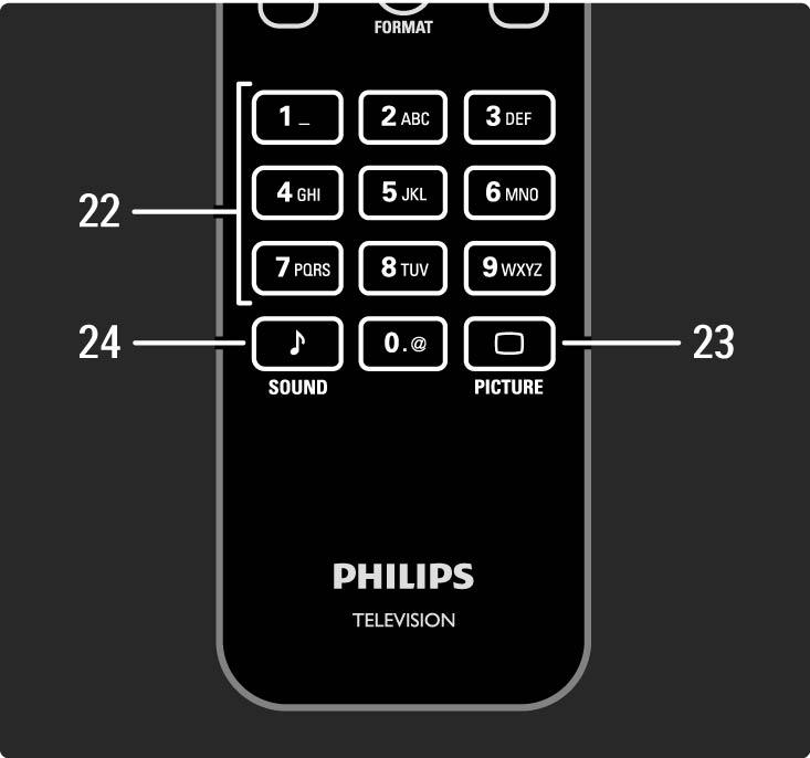 2.1.1 Távvezérlő áttekintése 6/6 22 Számgombok A TV-csatorna kiválasztása vagy számok és szöveg