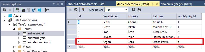 4. Lekérdezések programból Készítsünk egy lekérdező metódust, ami a lekérdezés eredményét kiírja a konzolra.