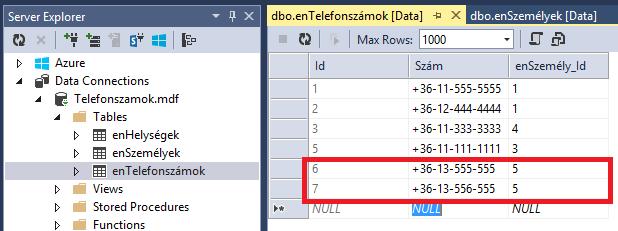 Hívjuk meg a Lekérdez() metódust a Main() metódusból. private static void Lekérdez() { Console.WriteLine("Összes adat\r\n-----------"); foreach (var x in cntelefonszámok.