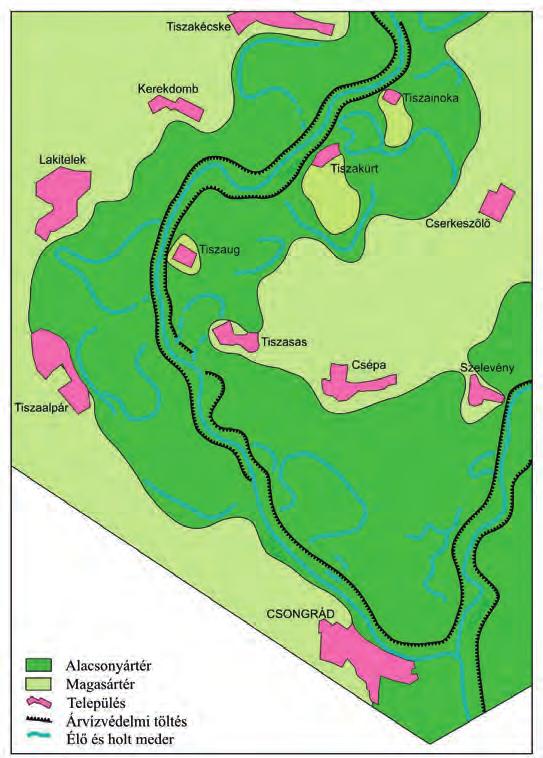 5. ábra Térképvázlat a mélyártéri tározás lehetőségéről a Tiszakécske és Csongrád közötti Tisza-szakaszon (Schweitzer F.