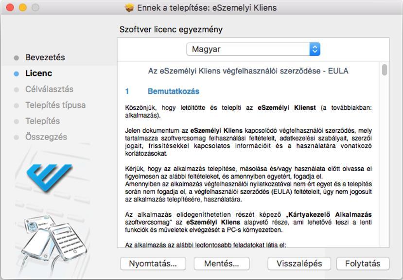 13. ábra: eszemélyi Kliens telepítése - végfelhasználói nyilatkozat
