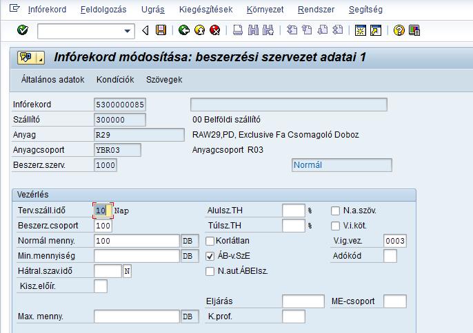 4.7.2 Beszerzési infórekord Tranzakciókód: ME12 Ha a beszerzési infórekordok hamarabb létre lettek hozva, mint ahogy a szállító törzsben beállításra került a visszaigazolás vezérlő kulcs, akkor az