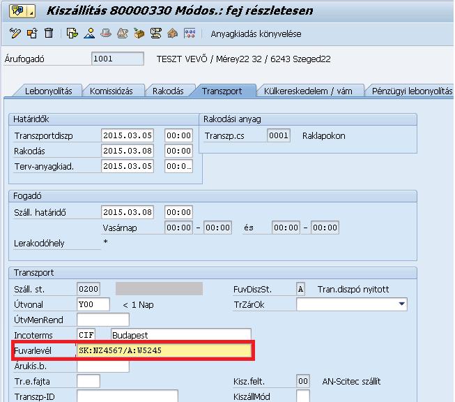 A rendszámot(okat) és a felségjelet(ket), a fej adatok transzport fülén a Fuvarlevél mezőbe írhatjuk. Menüből: Ugrás->Fej->Transzport Ez a mező az anyagkiadást követően is módosítható. Fontos!