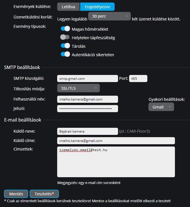 5.9. Rendszer / Üzenetek Amennyiben szeretnénk, értesítéseket kaphatunk a kamerától e-mailek formájában.