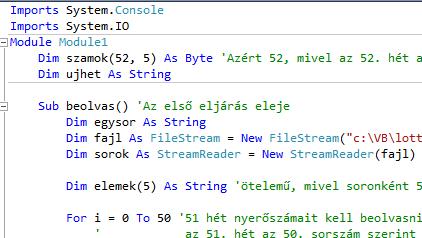 Megjegyzések: - mivel a lottosz.dat adatait már elhelyeztük a szamok nevű kétdimenziós tömbbe, ezért a fájlt nem kell újra megnyitnunk.