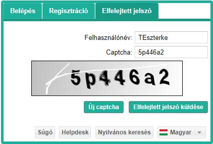 A bejelentkező ablak Elfelejtett jelszó fülén meg kell adni a felhasználói nevet, majd a Captcha bemásolása és az Elfelejtett jelszó küldése gomb megnyomása után egy jelszó generáló link érkezik a