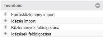 Adattípus (pl. Közlemény) kiválasztására szolgáló menüpont. A kiválasztott adattípuson belül végezhetők műveletek, keresés, új adat felvitele, egy adott rekord szerkesztése vagy egy lista elmentése.