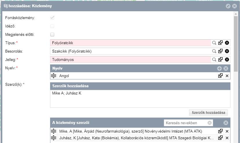 Szerző új közlemény felvitele esetén hozzárendelheti társszerzőit illetve azok intézményi kapcsolatait is! Itt adható meg a szerzőségtípus is (pl.