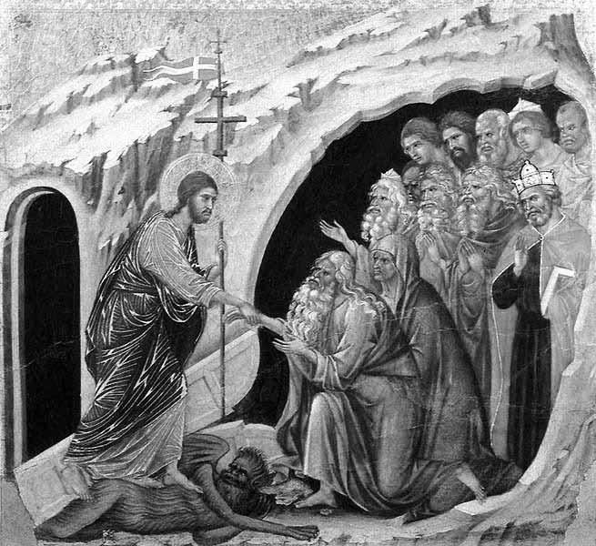 136 Hári Kata Ádám és Éva 3. kép Duccio: Krisztus alászállása a Pokolra,a Maestá részlete 63 Bár az ősszülőpár szintén az Ótestamentum szereplője, helyzetük mégis kivételes, különösen Ádámé.