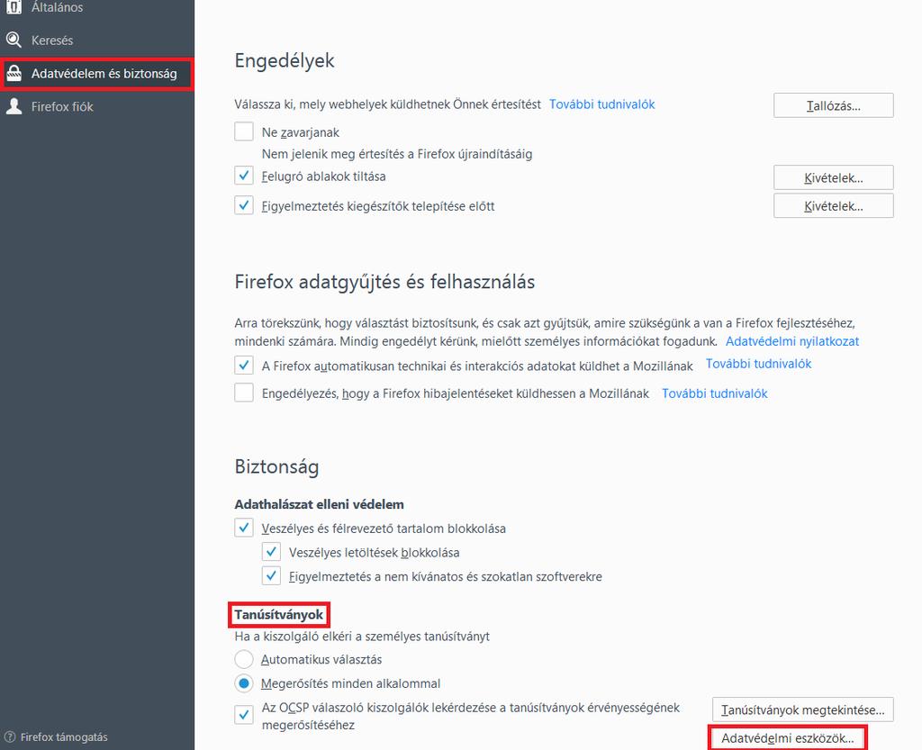 Ahhoz, hogy az authentikációs tanúsítványunkat tudjuk használni az ASP Központ szakrendszereihez a Mozilla Firefox böngészőben is, további lépéseket kell végrehajtanunk.