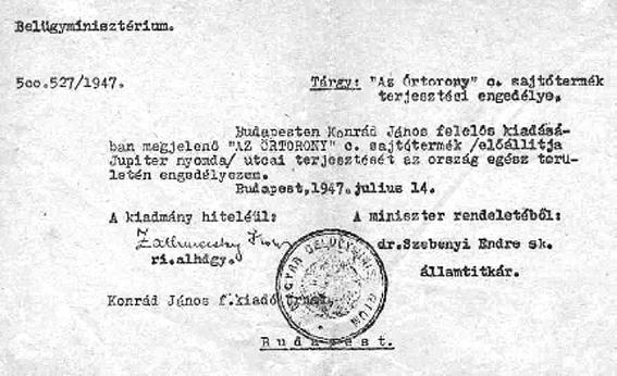 210 Petrás Éva Engedély 1947-ből (Forrás: MJTE Archívuma) lását azonban nagymértékben befolyásolta a Horthy-korszak negatív képe is a Tanúkról, ezért akárcsak a szabadegyházak hívőinek többségére