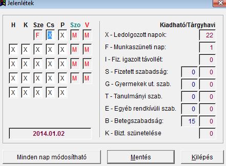 BÉRSZÁMFEJTÉS 15 Jelenlétek Az első, Jelenlétek fül tartalmazza a tárgyhavi, munkarend szerinti munkanapok és fizetett ünnepek számát, a felhasznált fizetett szabadságok, fizetett igazolt távollét,