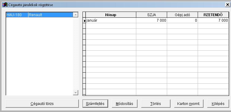 BÉRSZÁMFEJTÉS 53 30. ábra A Cégautó számfejtése képernyő 1.17.3. Cégautó járulékok havi lista 31.