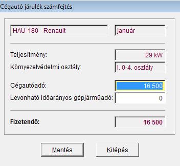 A bérlistához hasonlóan itt is írhatunk megjegyzést, ami megjelenik a lista fejlécében. 32. ábra A Cégautó számfejtése képernyő 1.17.4.