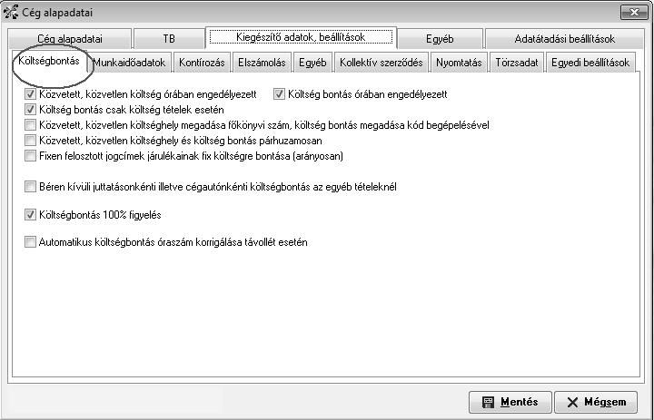 Kiegészítő adatok, beállítások / Költségbontás fül A Kiegészítő adatok, beállítások elnevezésű fülön további, a számfejtés szempontjából fontos adatokat állíthatunk be a cég arculatára szabva.