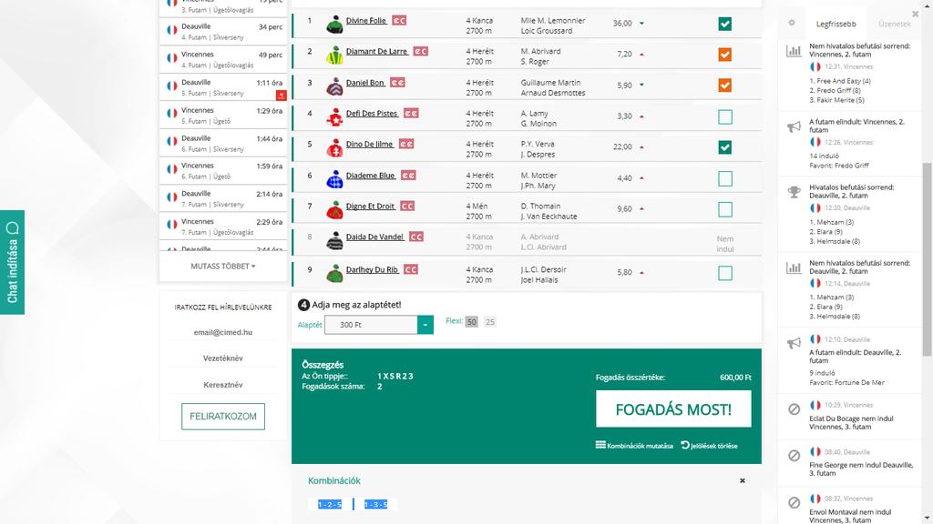 Ekkor a az alábbi képernyőképet látja a fogadási segédszelvényen: Az így kijelölt összes kombináció megjelenítéséhez gördítsen le, és kattintson a
