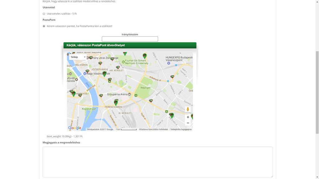 Vásárlói oldal A vásárló a megrendelés véglegesítése résznél a PostaPont kiválasztásakor egy térképen