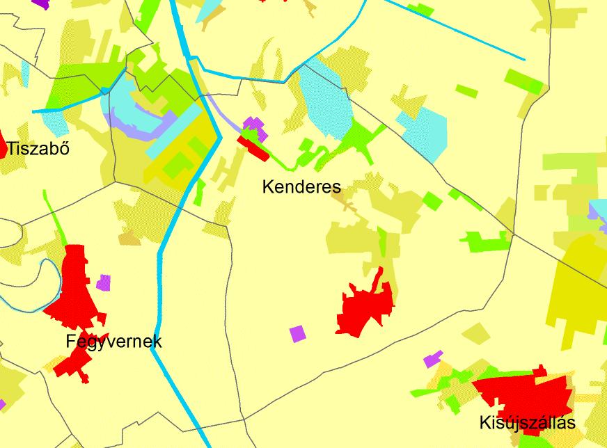 17. térkép: Kenderes és környékének tájhasználati térképe Forrás: Corine 1.12.3 Védett, védendő táji és természeti értékek, területek 1.12.3.1 Tájképvédelmi szempontból kiemelten kezelendő területek 1.