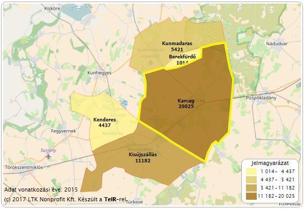 2. térkép: Lakónépesség szám 2015 év végén a Karcagii járásban (fő)