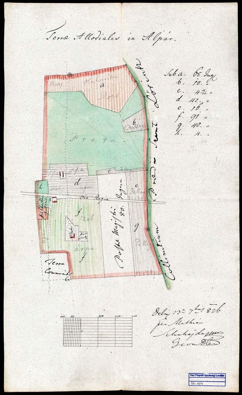 15 5. VPGL. 4. 1. Schuhajda, Mathias geom. 1823 2. Terrae Allodiales in Alpár. 3. Allodiális föld Alpár (Pest m.) határában Szentlőrinc felől. 4. Ms; cb; mpa; 39,5 x 23,5 cm; so.
