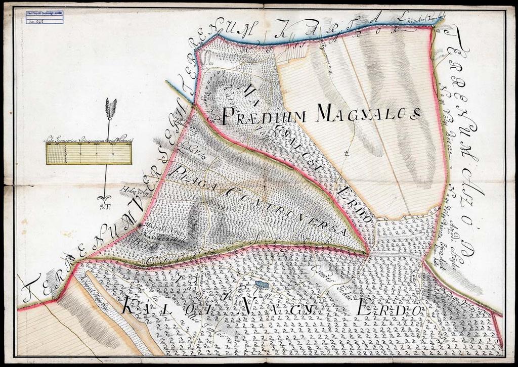 42 32. VPGL. 29. 1. sa. [XVIII. szd.] 2. 3. Magyalos puszta és Kálló (Nógrád m.) határának térképe. 4. Ms; cb; mpa; 49 x 35 cm; o: S. M: 100 org.