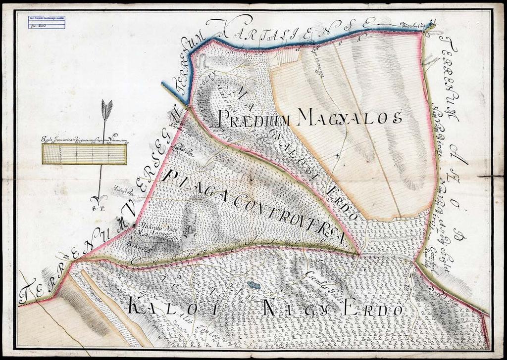 43 33. VPGL. 30. 1. sa. [XVIII. szd.] 2. 3. Magyalos puszta és Kálló (Nógrád m.) határrésze. 4. Ms; cb; mpa; 49 x 35 cm; o: S. M: 100 org. V. = 17 mm; 1 : 11040; lat; hung; col.