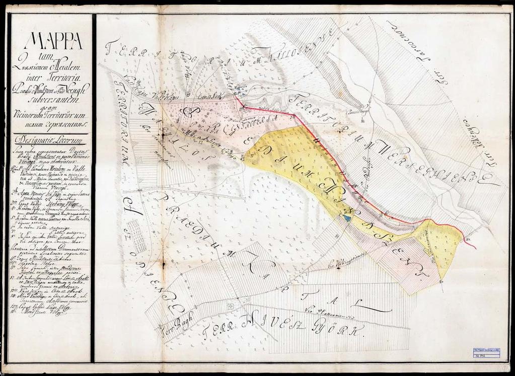 55 45. VPGL. 42. 1. sa. [XVIII. szd.] 2. Mappa tam Questionem Metalem inter territoria Praedii Mindszent et Possessionis Versegh subversam quam Vicinorum Territorium nexum repraesentans.