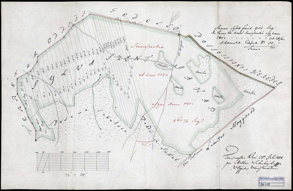 62 52. VPGL. 49. 1. Suhajda, Mathias [geom.] 1818 2. Szt. Jakab. 3. A szentjakabi erdő üzemgazdasági terve 1812-1840. 4. Pedel; cb; mpa; 42,5 x 27,5 cm; o: N.