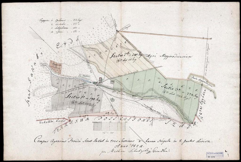 63 53. VPGL. 50. 1. Suhajda, Mathias [geom.] 1824 2. Campus Agrarius praedii Szent Jakab in tres Sectiones harum singula 8. partes divisa. 3. Szentjakab (Pest m.) határa. 4.