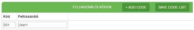 A felhasználó felvitelhez kattintson az ADD Code gombra a felhasználói kódok fülnél, majd adjon meg egy szabadon választható felhasználó nevet, illetve a zónát ami által a központot élesítik, illetve