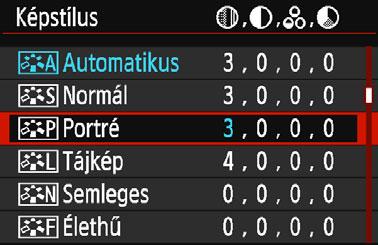 Újra megjelenik a képstílus-kiválasztó képernyő. Az alapértelmezéstől eltérő értékű beállítások kék színben jelennek meg. 126 A 3. lépésben az [Alapbeáll.