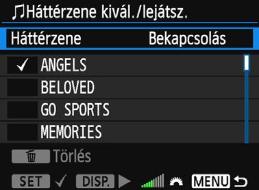 3 Diavetítés (Automatikus lejátszás) A háttérzene kiválasztása Miután a mellékelt EOS Utility szoftverrel háttérzenét másolt a memóriakártyára a zenét a diavetítéssel együtt is lejátszhatja.