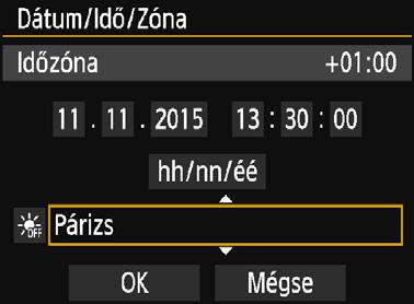 A menüképernyő megjelenítéséhez nyomja meg a <M> gombot. 2 3 A [52] lapon válassza a [Dátum/ Idő/Zóna] elemet. A <Y> <Z> gombokkal válassza ki a [52] lapot.