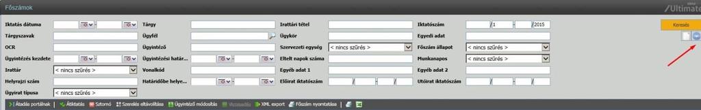 A szűrőmezők alatt lévő parancsikonsorban a keresett főszámot átadhatjuk portálnak (lásd: Rendszerüzemeltetői kézikönyv), átiktathatjuk főszámra, vagy alszámra és a sztornózást is