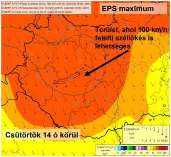 yvette vihar használták a proforce előrejelzéseit 4. ábra: maximális széllökés előrejelzése az öszszes eps tagokból. Az előrejelzés 2014. 5. 15.