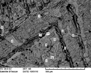 300 KUBOVICS Imre et al.: Heterogén szerkezetű és összetételű, IVA szerkezeti jellegű kaposfüredi (kaposvári) vasmeteorit példája, a 19. ábrán (a) látható.